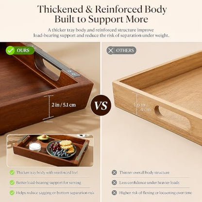Acacia Wood Serving Tray with Metal Handle, 17x13in Tray for Ottoman