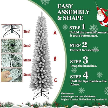 LAMPHOME 7FT Flocked PVC Pencil Tree - 469 Slim Tips, Wrap Design