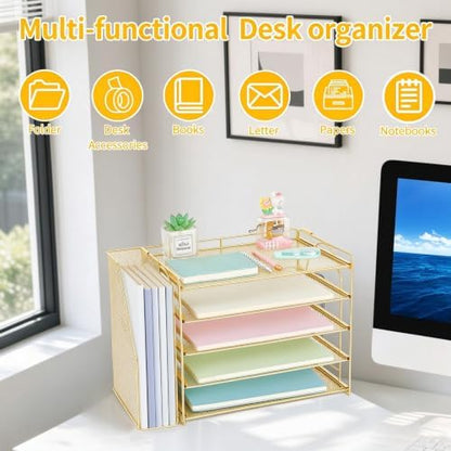 AUPSEN Gold Desk Organizers and Accessories, 5-Tier Desktop Paper File