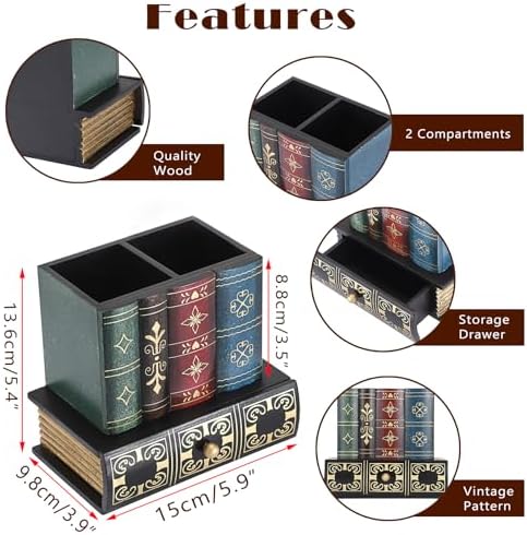 Antique Book Pencil Holder for Desk, Wooden Pen Cup with Drawer