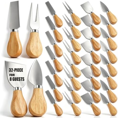 32 Pcs Cheese Knife Set Bulk, Stainless Steel Spreaders Cutters Forks