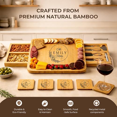Personalized Bamboo Charcuterie Board with Drawer & Utensils – Custom