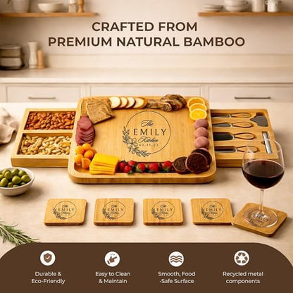 Personalized Bamboo Charcuterie Board with Drawer & Utensils – Custom