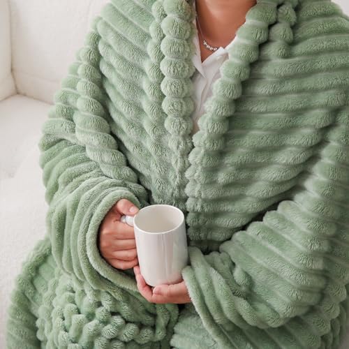 Sage Green Fleece Throw Blanket 50”×60” for Couch Sofa Livingroom