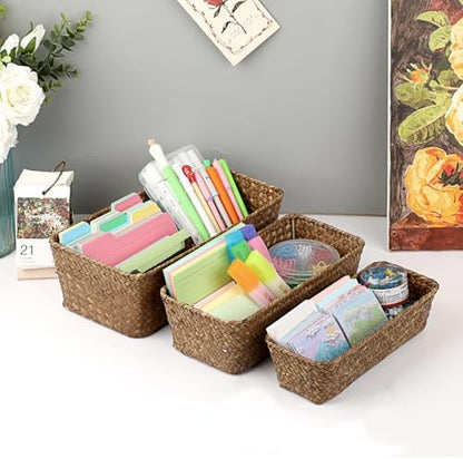 3 Natural Wicker Basket Set Rectangular Handwoven Seagrass Basket