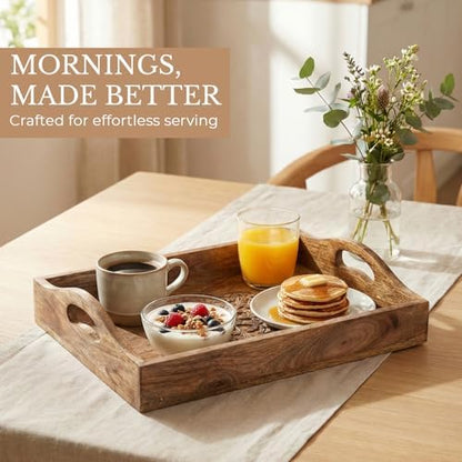 Ajuny Wooden Serving Trays Set of 3 with Handles, Hand Carved Flower
