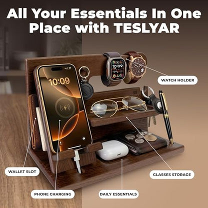 TESLYAR Wood Phone Docking Station for Men - Desk or Nightstand
