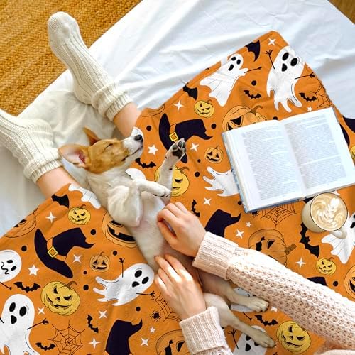Orange Halloween Blanket, Spooky Pumpkin Ghosts Fleece Throw Blanket