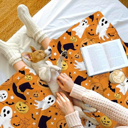 Orange Halloween Blanket, Spooky Pumpkin Ghosts Fleece Throw Blanket