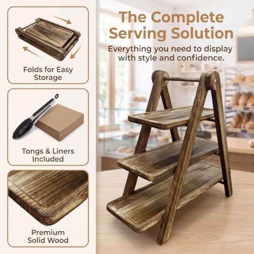 3 Tier Serving Tray Wood Tiered Cupcake Stand, Large Collapsible Food