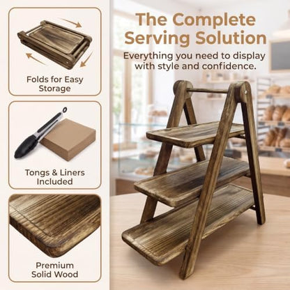 3 Tier Serving Tray Wood Tiered Cupcake Stand, Large Collapsible Food