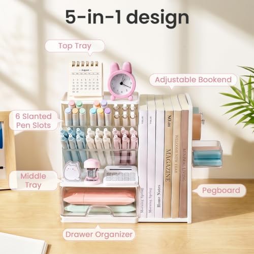 Sooez Desk Organizer with Bookends, Pegboard & Drawer, Pen & Pencil