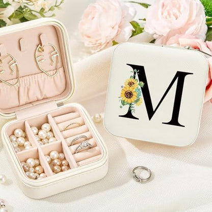 Sunflower Initial S Travel Jewelry Box PU Leather Jewelry Organizer