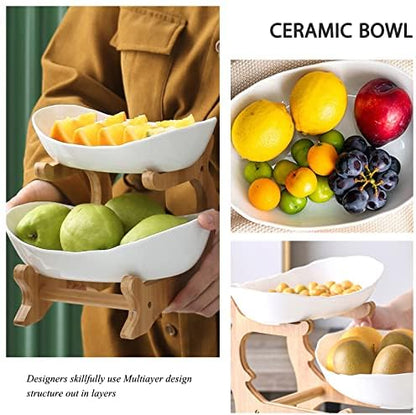 Liywall - 2 Tier Ceramic Fruit Bowl With Bamboo Wood Stand for Kitchen