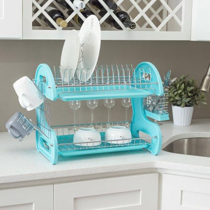2 Tier Dish Drainer, by Home Basics (Turquoise) Dish Rack for Kitchen