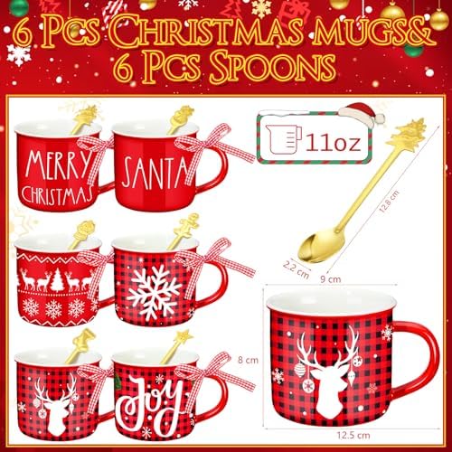 Baderke 6 Set 11 oz Christmas Coffee Mugs Spoons, Plaid