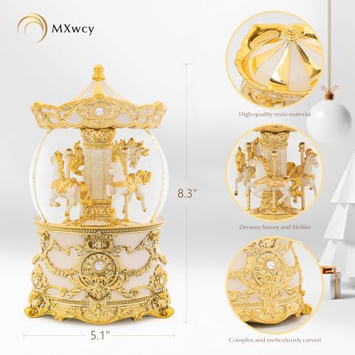 Carousel Music Box Gold & Ivory Christmas Snow Globes, 8.3" Rotate