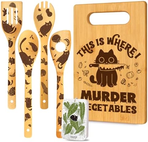 6Pcs Funny Black Cat Gifts Set Cutting Board with Spoons & Cleaning