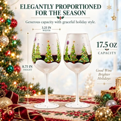 Holiday Christmas Tree Stemmed Wine Glasses Set Of 2 17.5Oz Festive