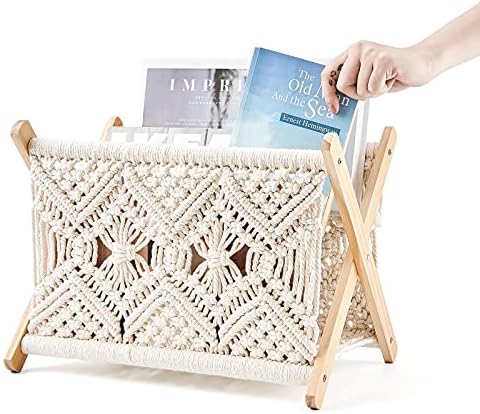 Mkono Macrame Magazine Holder, Boho Woven Book Rack Basket, 14" L x