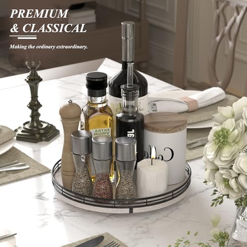 AMH 12-Inch Whitewashed Farmhouse Lazy Susan Tray with Black Metal