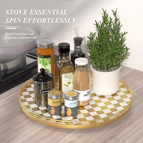 Gold and White Checkerboard Lazy Susan with Rubberwood Base and Metal