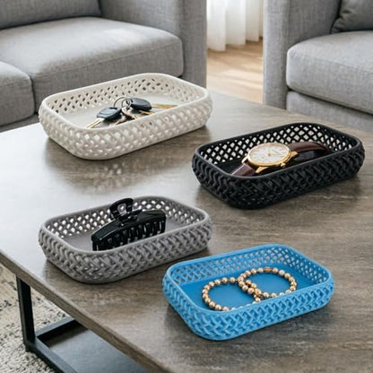 Multifunctional Decorative Storage Tray, Rattan Textured Organizer