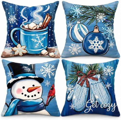 Winter Christmas Pillow Covers Set of 4 16x16 Inch Blue Snowman