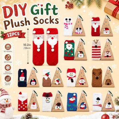 Newcotte 12 Pairs Christmas Fuzzy Socks Bulk with Gift Box for Girls