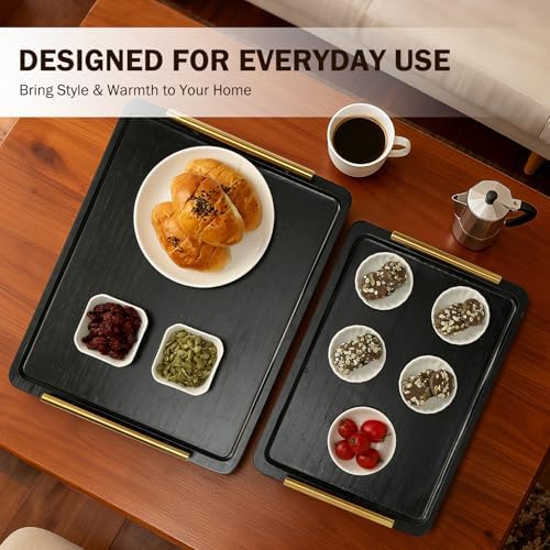 PEKER Wooden Serving Tray with Metal Handles, Black Decorative Coffee