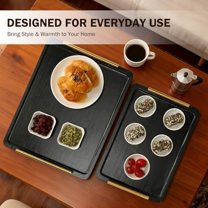PEKER Wooden Serving Tray with Metal Handles, Black Decorative Coffee