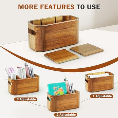 Acacia Pencil Pen Holder for Desk, Wooden Office Organizer with 3