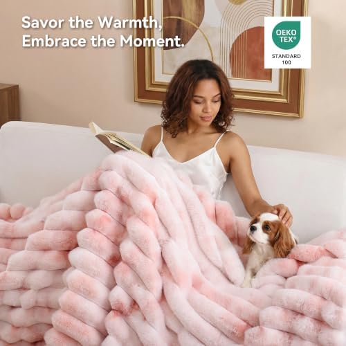 Smoofy Tie dye Pink Fluffy Faux Rabbit Fur Striped Blanket 60"x80"