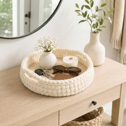Crochet Serving Tray with Handle 12 Inch Handmade Knitted Woven Tray