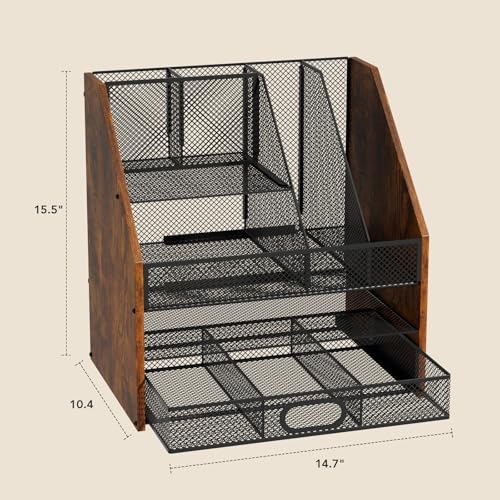 Homsorout Wooden Desk Organizer - Mesh File Organizer with Drawers and