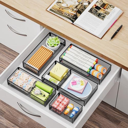 Marbrasse 5 Pack Desk Drawer Organizer Set, Mesh Drawer Storage Trays