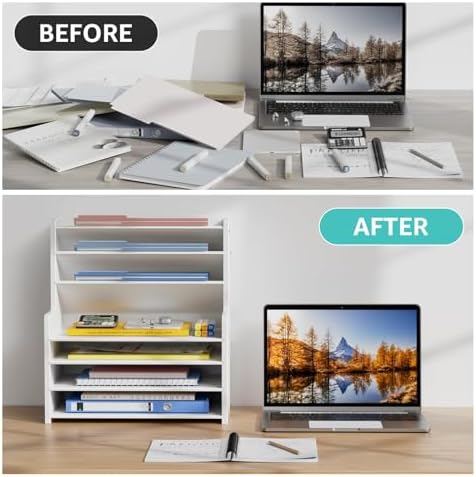 7 Tier White Desk Organizer for Office Organization, Wood Paper