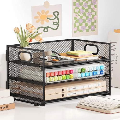 Subekyu 3 Tier Paper Letter Tray Organizer for Desk, Black Metal Mesh