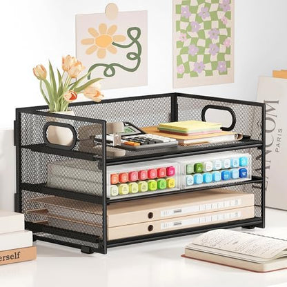 Subekyu 3 Tier Paper Letter Tray Organizer for Desk, Black Metal Mesh