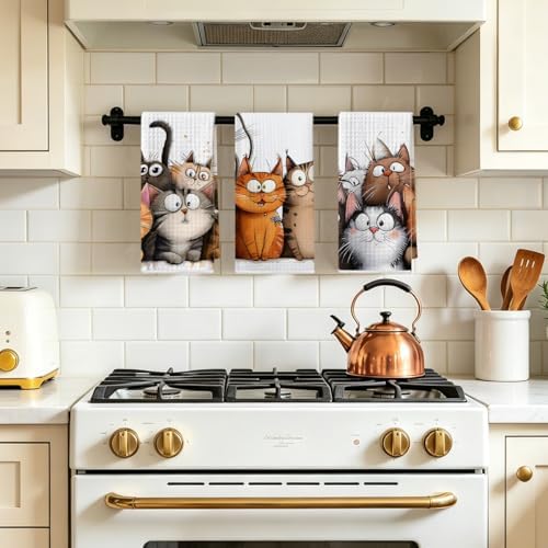 Jztco 3 Pcs Cute Cat Kitchen Towels, Cats Soft Absorbent Hand Tea