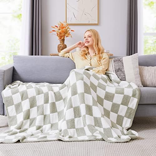 WRENSONGE Soft Checkered Throw Blanket for Couch-Cozy Warm Knitted