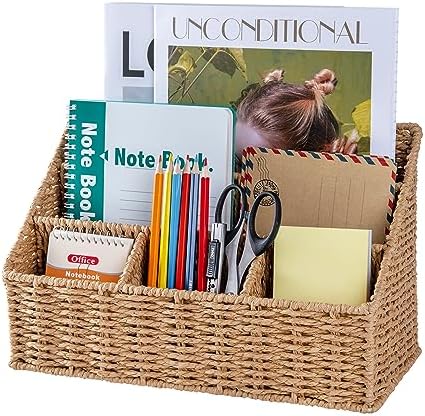DINGTAI Rattan Desk Organizer, Tabletop Mail Holder, 5 Slot Mail