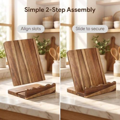 Scalloped Acacia Wood Cookbook Stand, Recipe Book Holder Keeps Pages