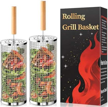 Rolling Grill Basket, Grill Gift for Men, Removable Wooden Handle, 304
