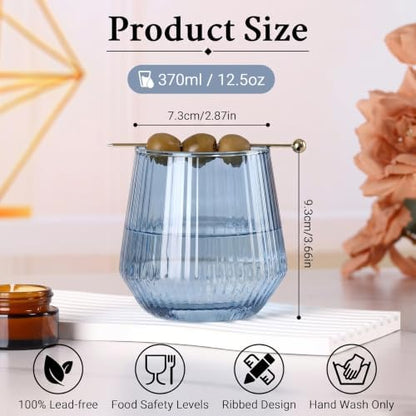 Colored Stemless Wine Glasses Set of 6, 12.5 Oz Ribbed Wine