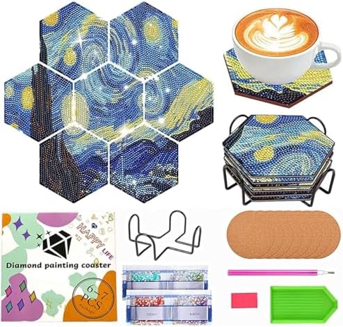 NUFTVI Diamond Art Coasters, 7 PCS Hexagonal Coasters with Holder