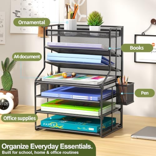 7 Tier Desk File Organizer, Black Metal Letter Tray Paper Organizer