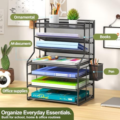 7 Tier Desk File Organizer, Black Metal Letter Tray Paper Organizer