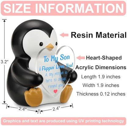 To My Son Penguin Figurine Gift, Resin Penguin Holding Heart Acrylic