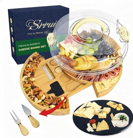 Charcuterie Board Set with Lid Round, Portable Bamboo Cheese Board